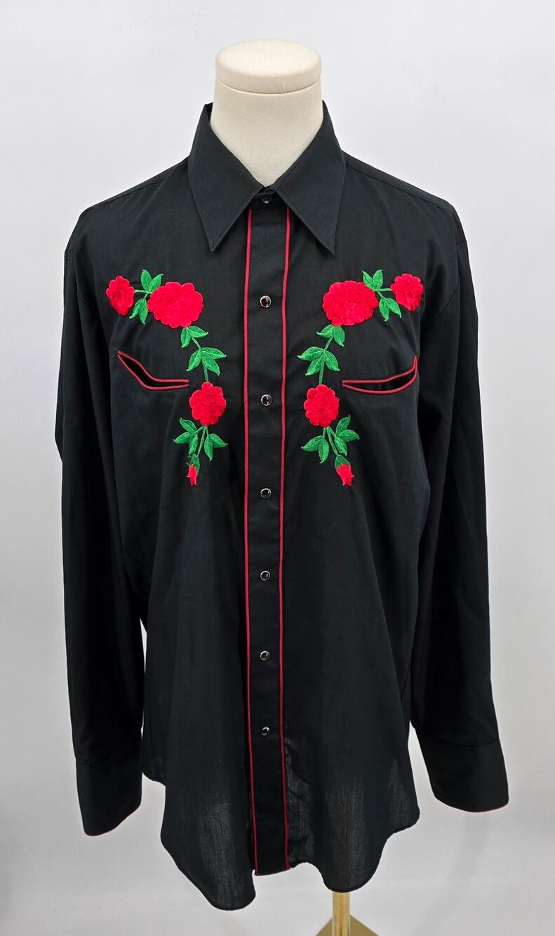 Vintage Karman Black Western Pearl Snap Shirt Red Rose Embroidery Cowboy Rodeo